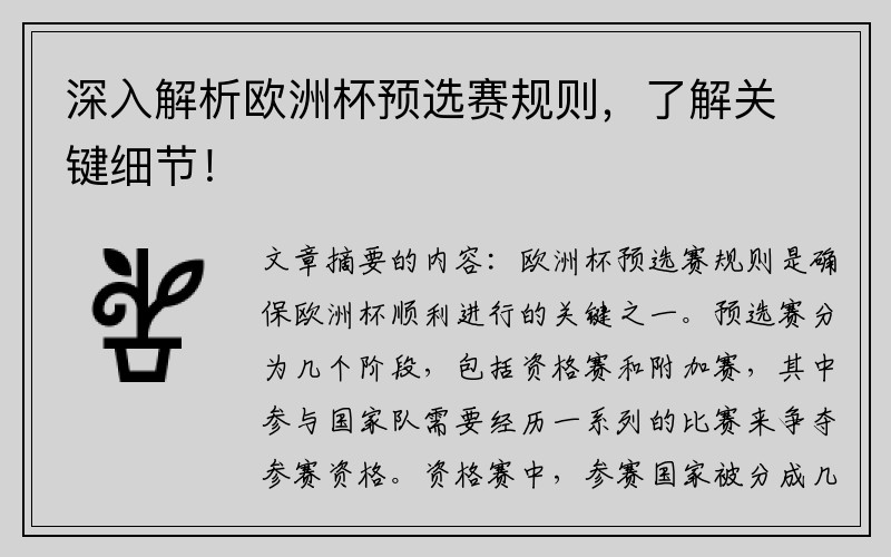 深入解析欧洲杯预选赛规则，了解关键细节！